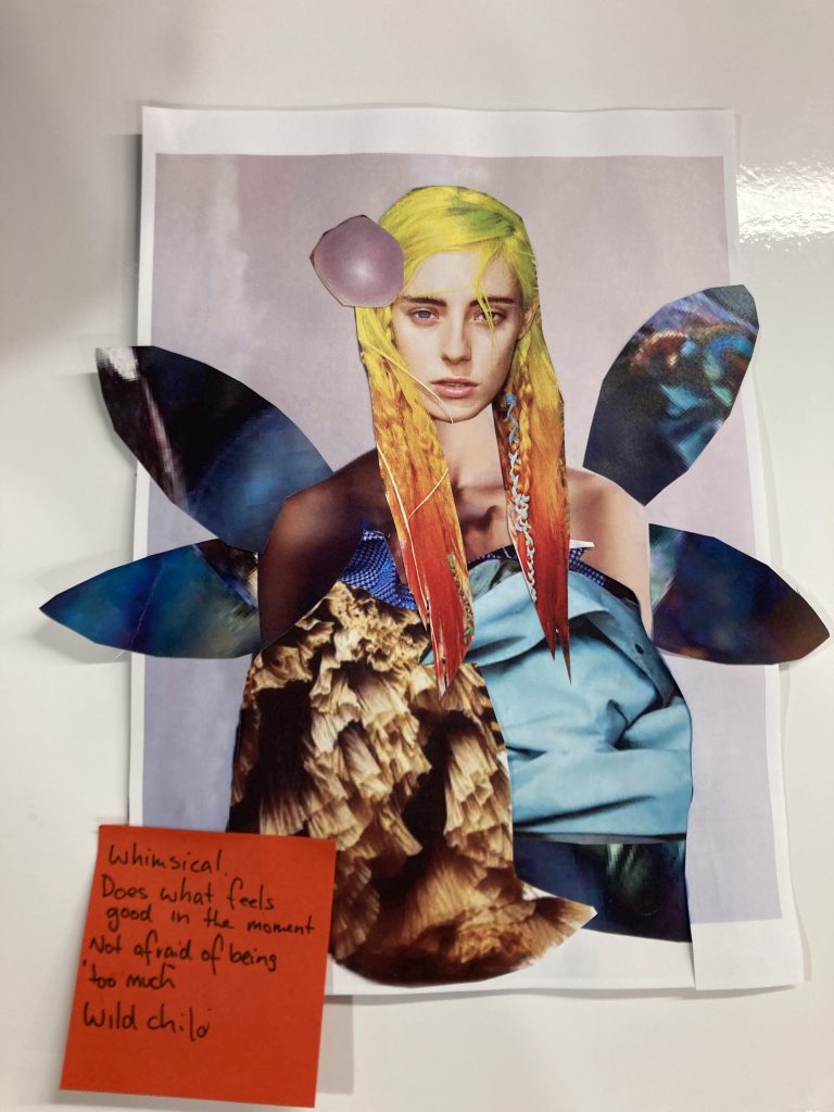 Collage of a person with decorative, colourful wings.